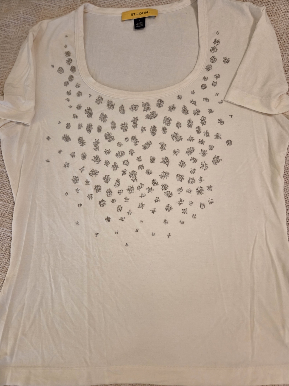 St. John Cream Scoop Neck Short Sleeve Tee with Silver Stud Pattern